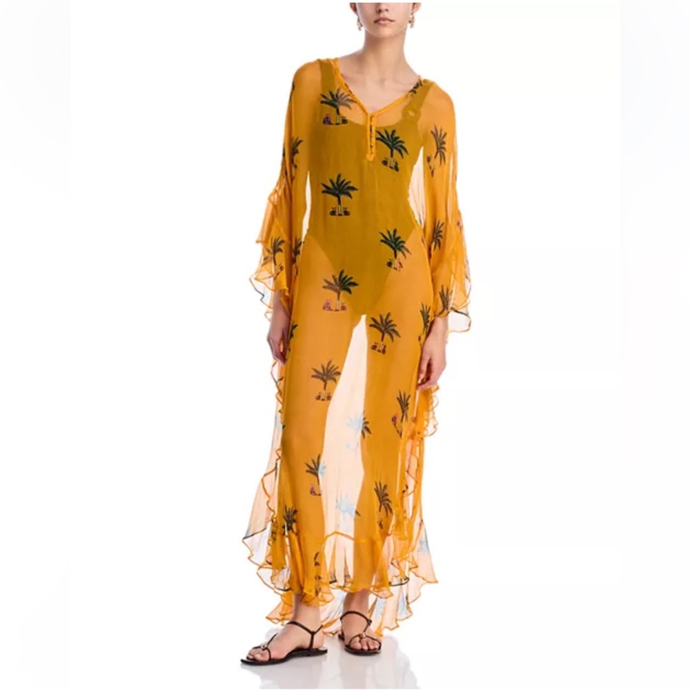 Coniglio Palm Beach Marjorie Caftan Maxi Dress Yellow Palm Print One Size NWT
